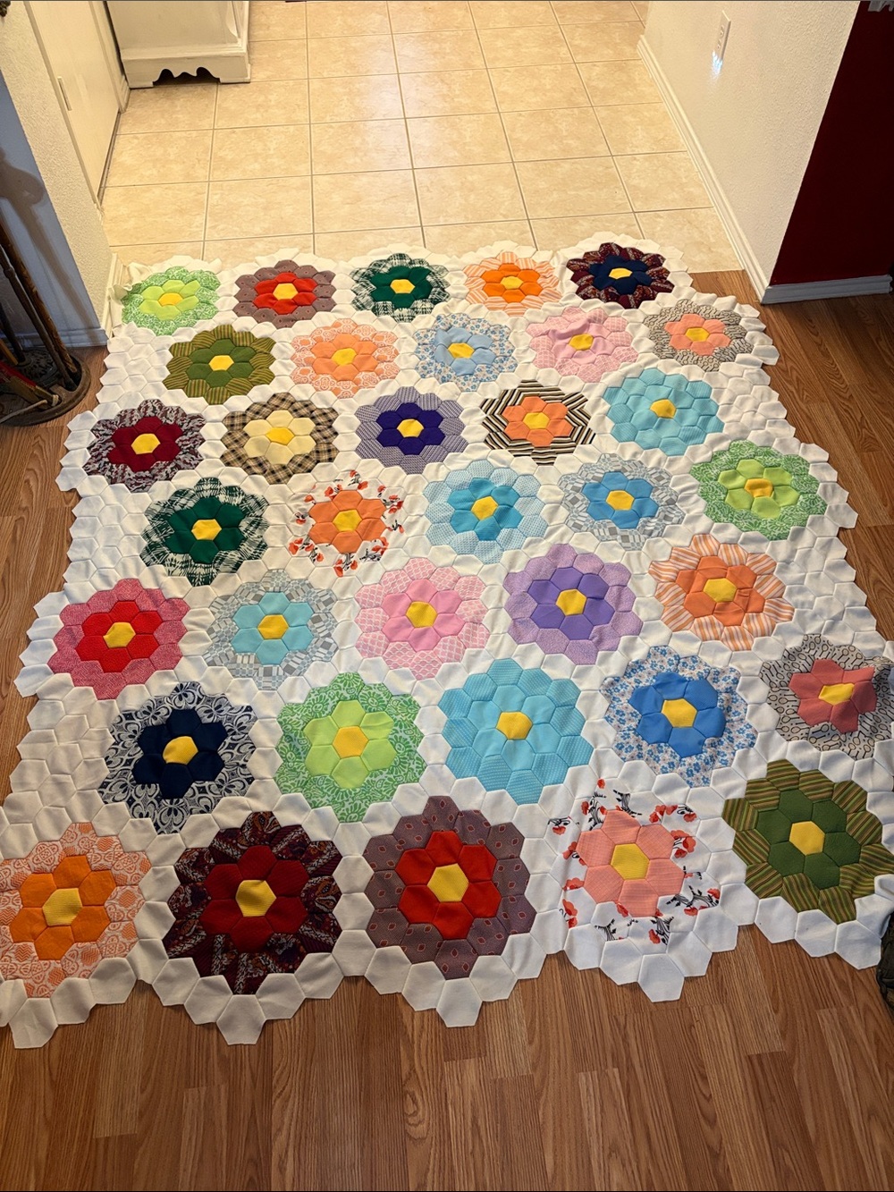 Handmade Floral Hexagon Quilt Top - Multicolor